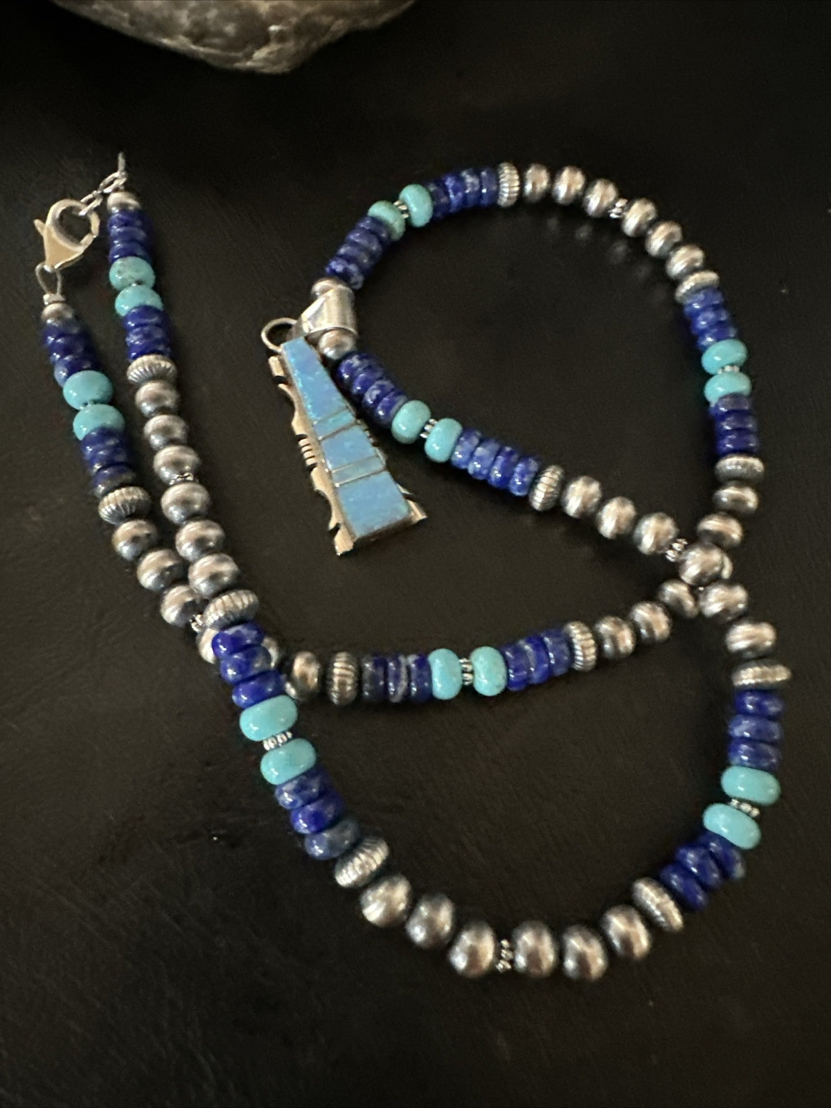 Mens Blue Turquoise Lapis Opal Pendant Navajo Sterling Silver Necklace 20" 17896