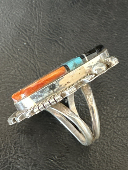 Onyx Turquoise Spiny Navajo Cosmic Inlay Sterling Silver Ring Size 9 19788