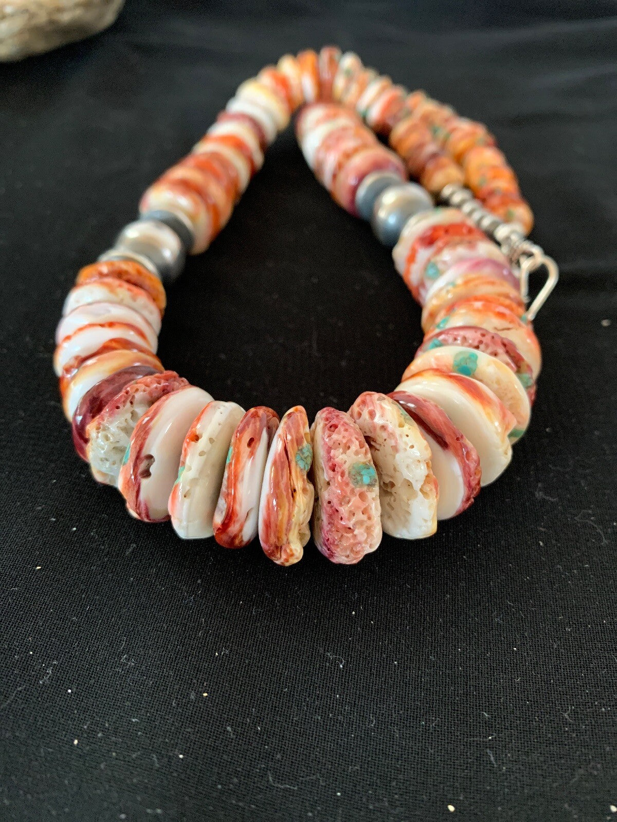 Native Red Spiny Oyster Navajo Pearls Sterling Silver Necklace 20" 03242