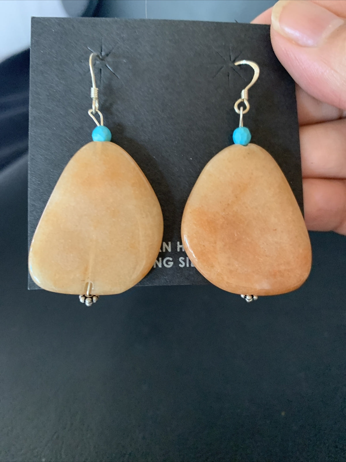Womens Navajo Tan Jasper Blue Turquoise Sterling Silver Earrings 2" 13101