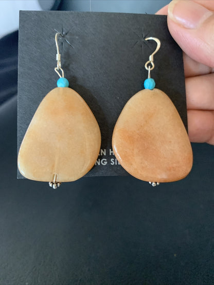 Womens Navajo Tan Jasper Blue Turquoise Sterling Silver Earrings 2" 13101