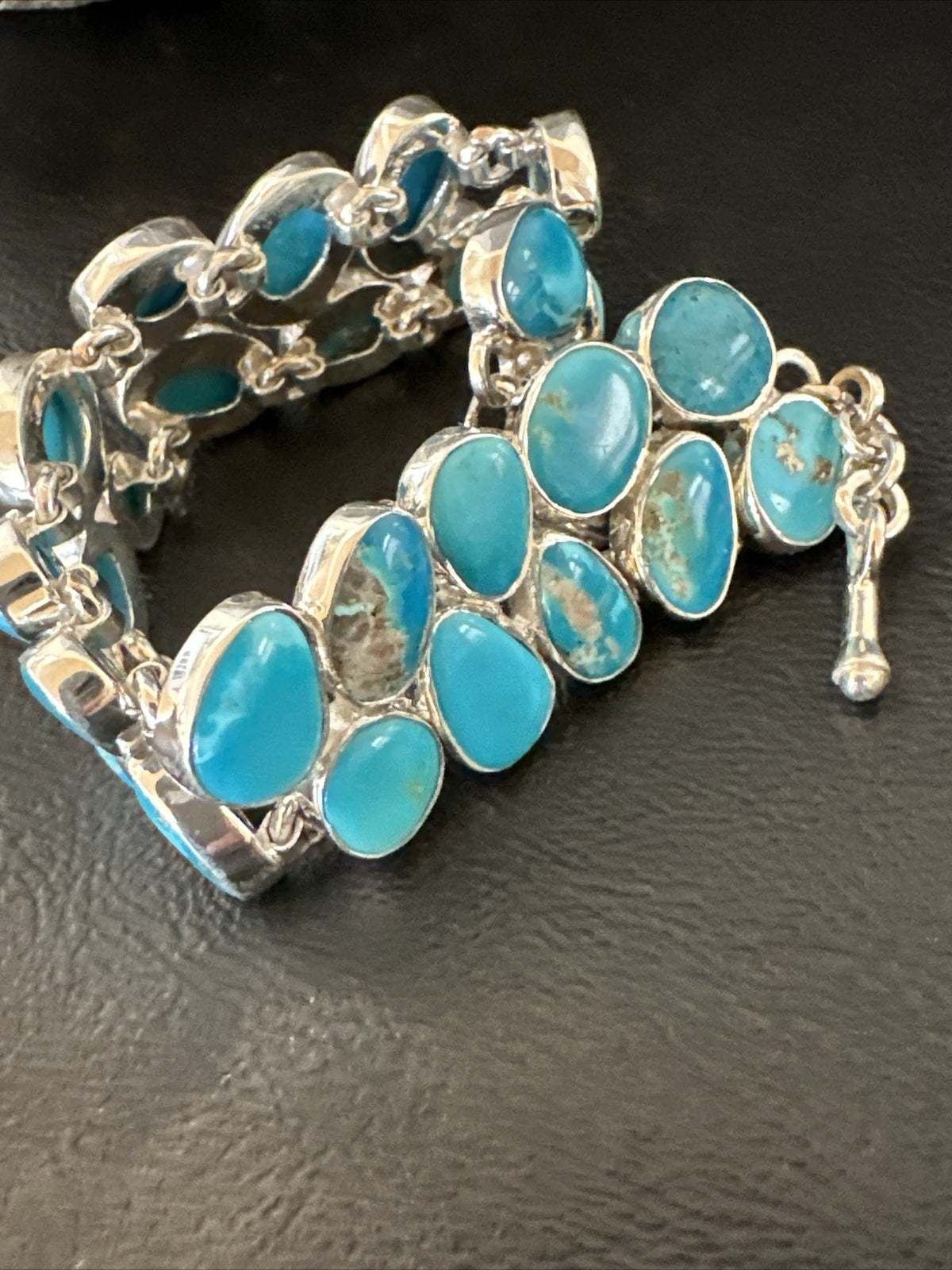 WoMen Blue Kingman Turquoise Sterling Silver Southwestern Link Bracelet 17974