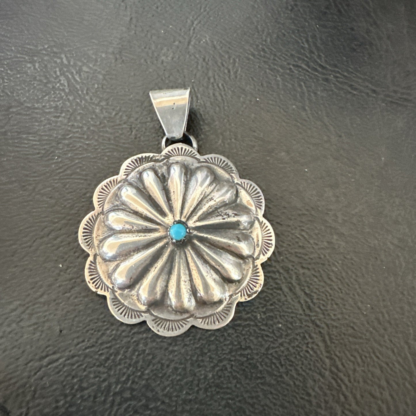 Navajo Native American Turquoise Pendant  Stamped Sterling Silver 1” 19687