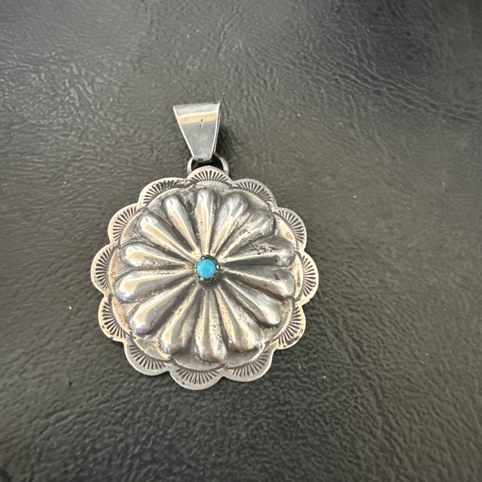 Navajo Native American Turquoise Pendant  Stamped Sterling Silver 1” 19687
