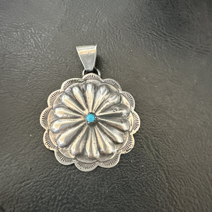 Navajo Native American Turquoise Pendant  Stamped Sterling Silver 1” 19687