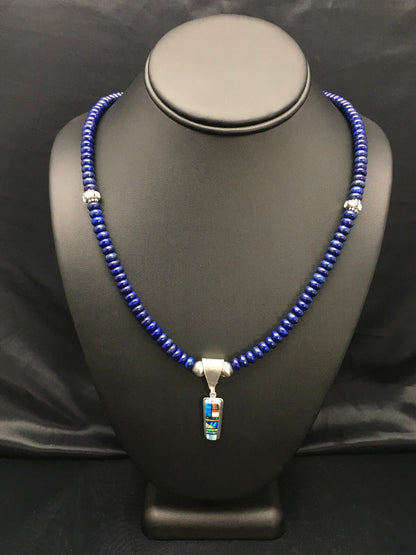 NAVAJO Sterling Silver Necklace Lapis Opal Pendant Set 22" 2907