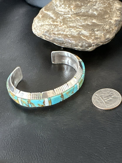 Blue Turquoise Opal Navajo Sterling Silver Cuff Inlay Bracelet 17958