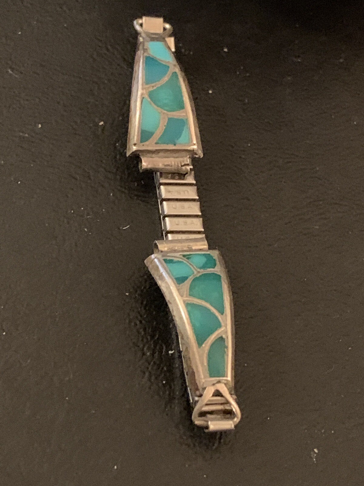 Blue Turquoise Inlay Navajo Sterling Silver Old Pawn Watch Tips 1443