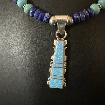Mens Blue Turquoise Lapis Opal Pendant Navajo Sterling Silver Necklace 20" 17896