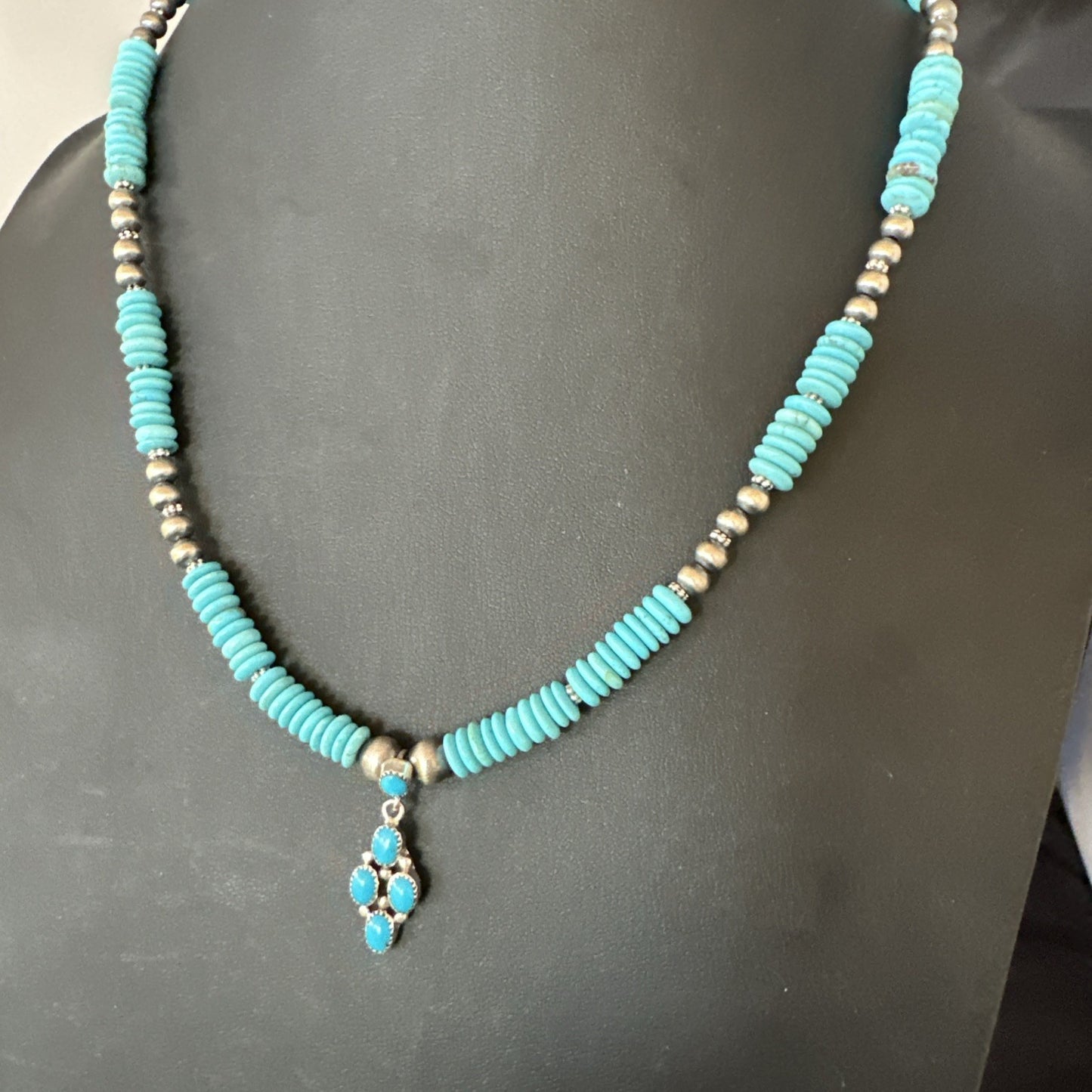 Blue Turquoise Cluster Pendant Navajo Sterling Silver Necklace 20" 19713