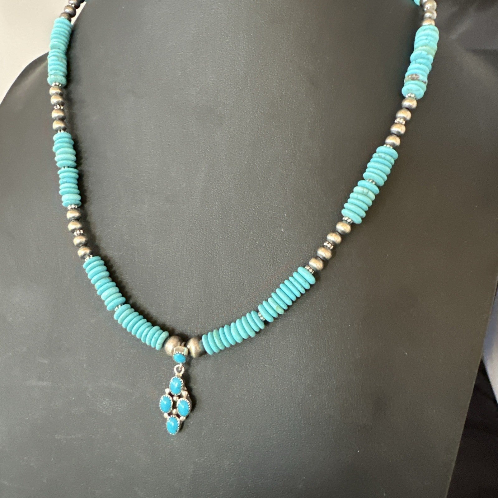 Blue Turquoise Cluster Pendant Navajo Sterling Silver Necklace 20" 19713
