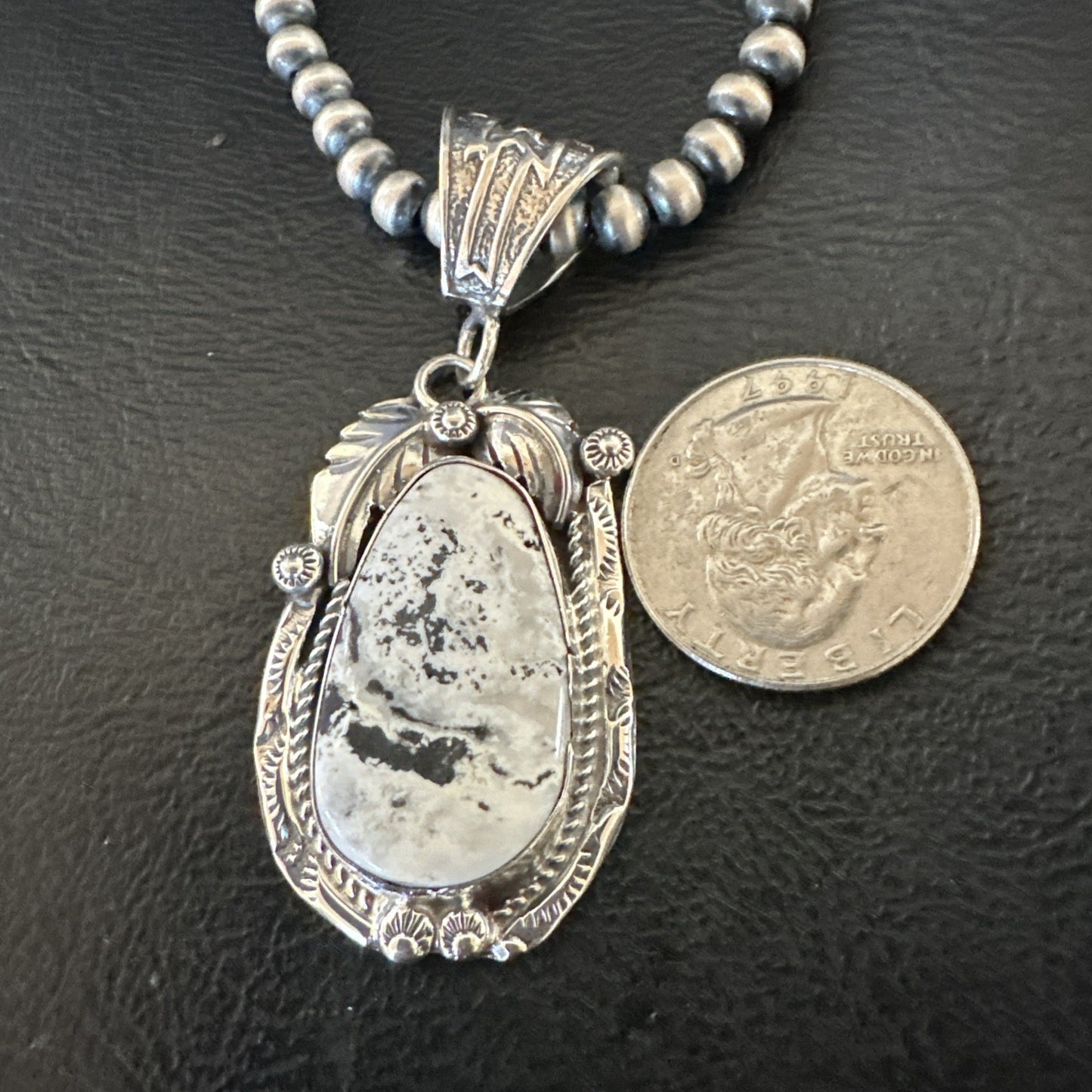 White Buffalo Turquoise Pendant Navajo Pearls Sterling Silver Necklace 19336