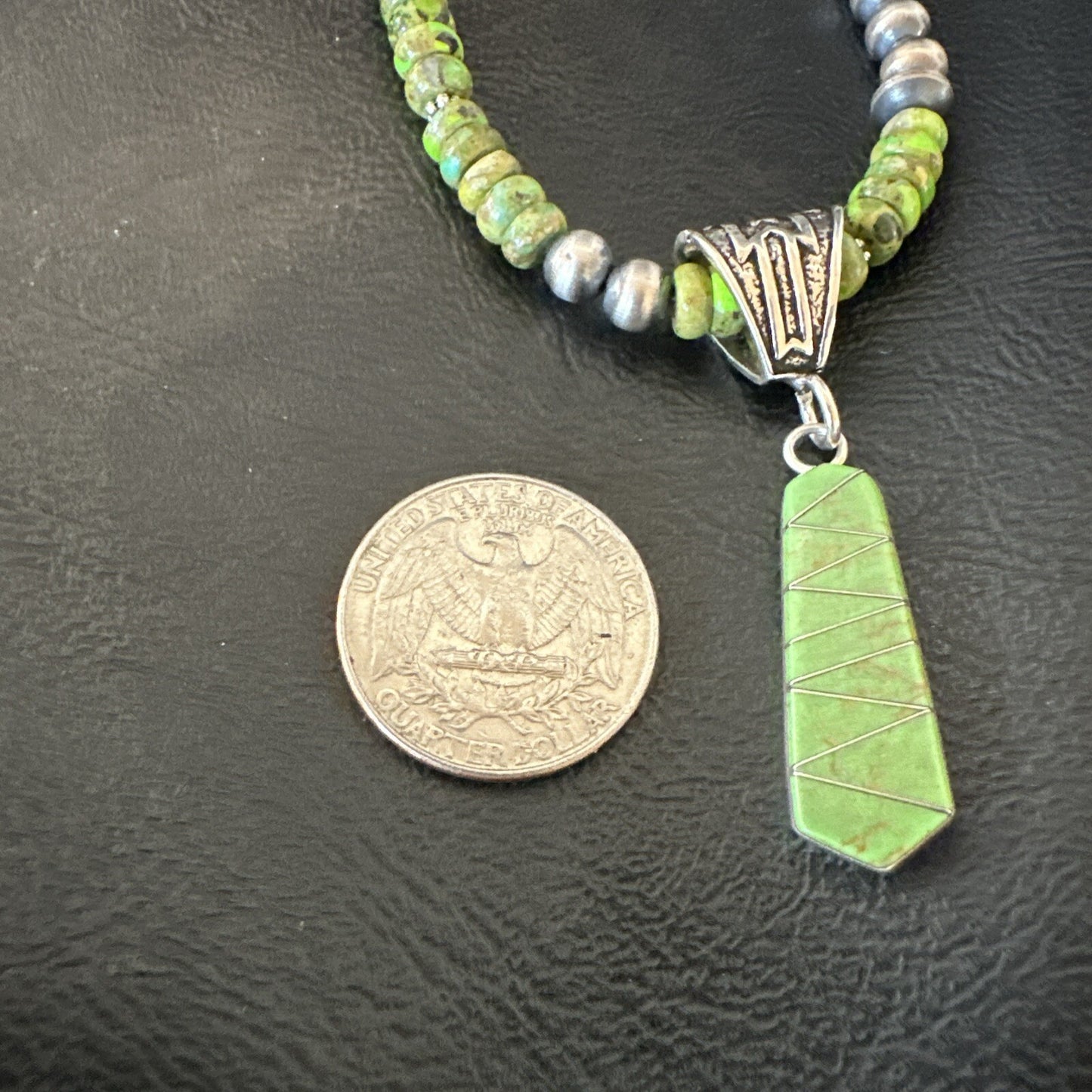 Womens Green Gaspeite Turquoise Pendant Navajo Sterling Silver Necklace 18372