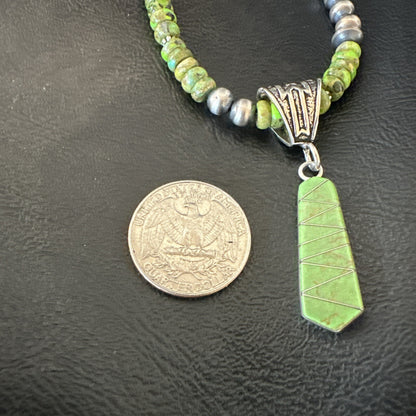 Womens Green Gaspeite Turquoise Pendant Navajo Sterling Silver Necklace 18372