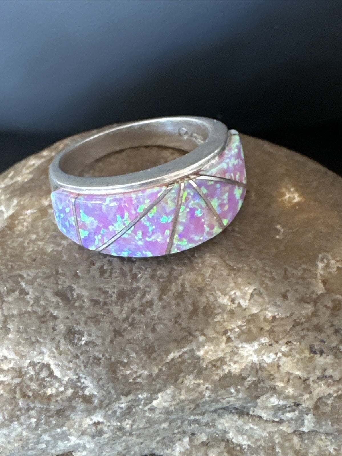 Pink Opal Navajo Sterling Silver Band Inlay Ring Size 7 18786