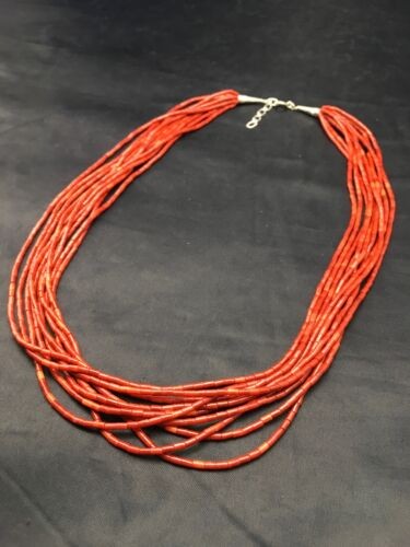 Native American Red Coral Navajo Necklace Sterling Silver 10 Strand 4387