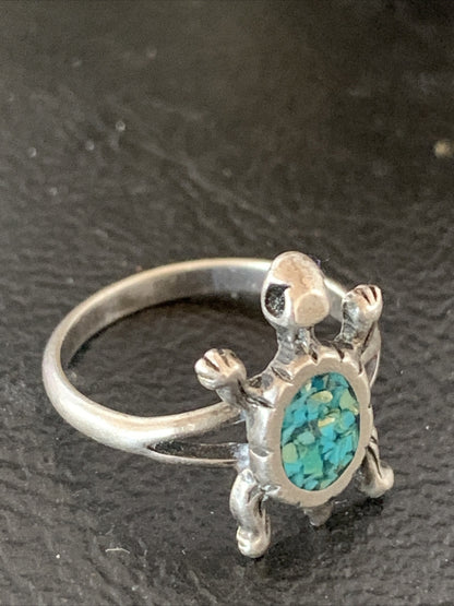 Blue Turquoise Navajo Sterling Silver Old Pawn Turtle Ring Size 4.5 10787