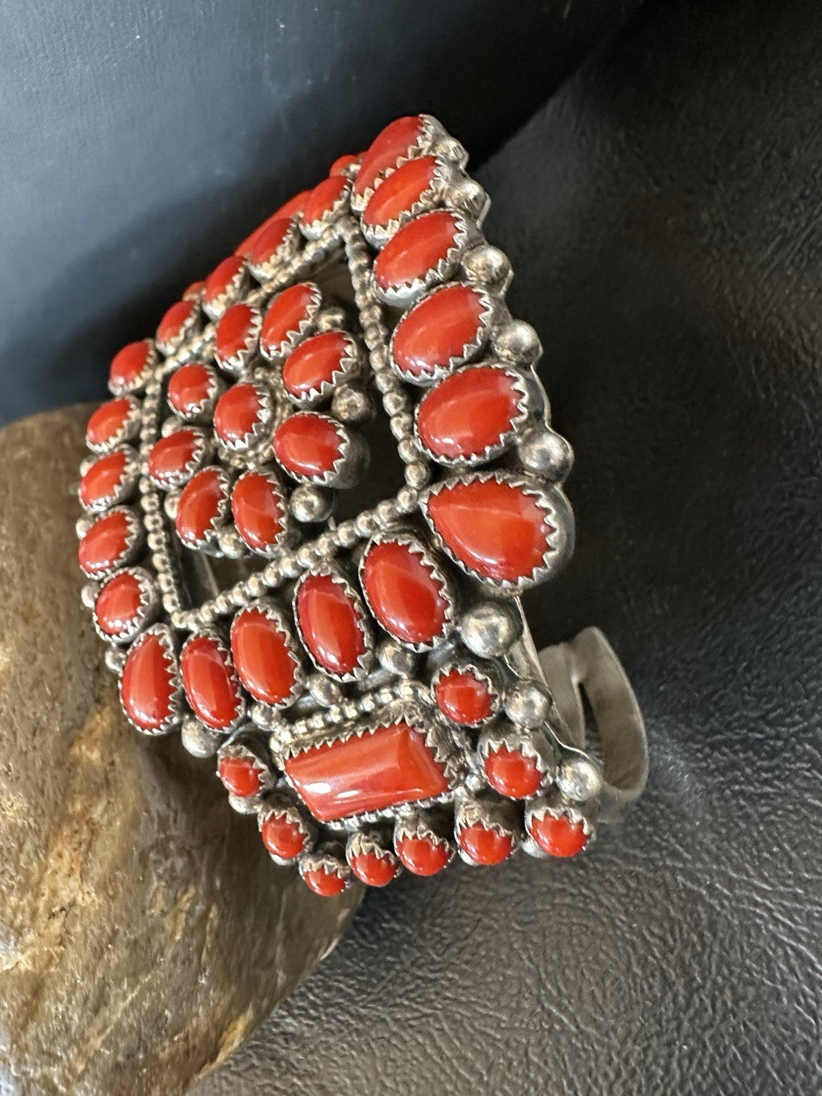 Mens Womens Red Coral Navajo Sterling Silver Cluster Cuff Bracelet 7.25" 19426