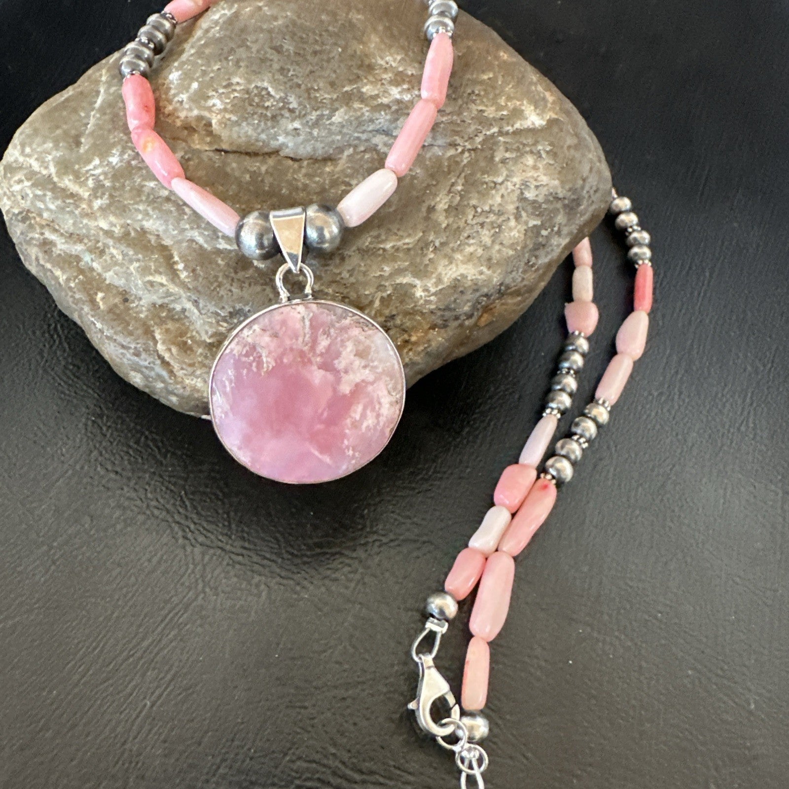 Southwestern Sterling Silver Pink Coral Bead Necklace Quartz Pendant 24" 19588