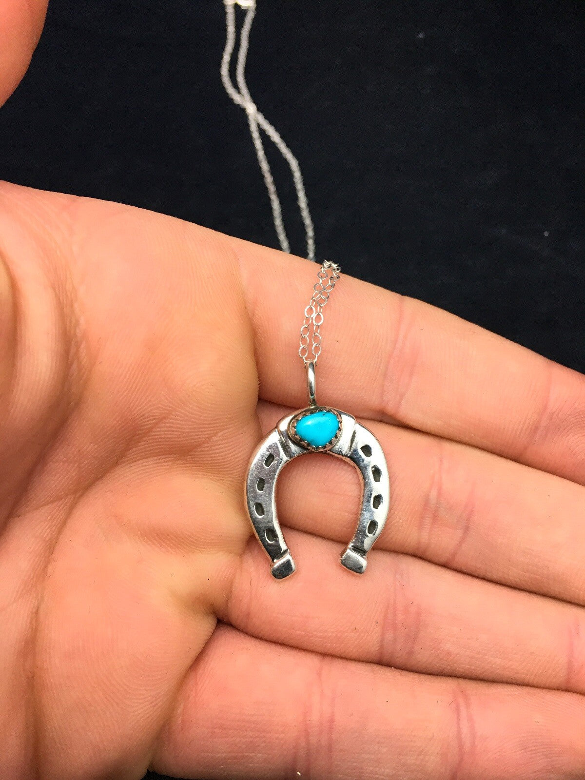 Navajo Sterling Silver Chain Blue Turquoise Naja Necklace Pendant 4466