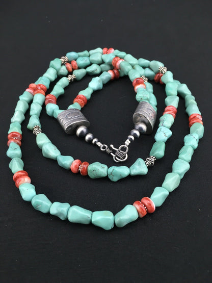 Native Turquoise Spiny Sterling Silver Nugget Bead 2 Strands Necklace 22" 01352