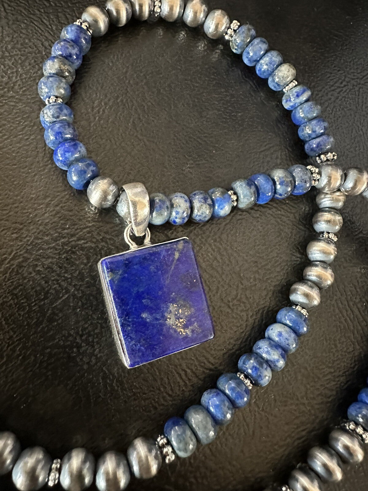 Mens Womens Blue Lapis Navajo Sterling Silver Cluster Pendant Necklace 21” 18341