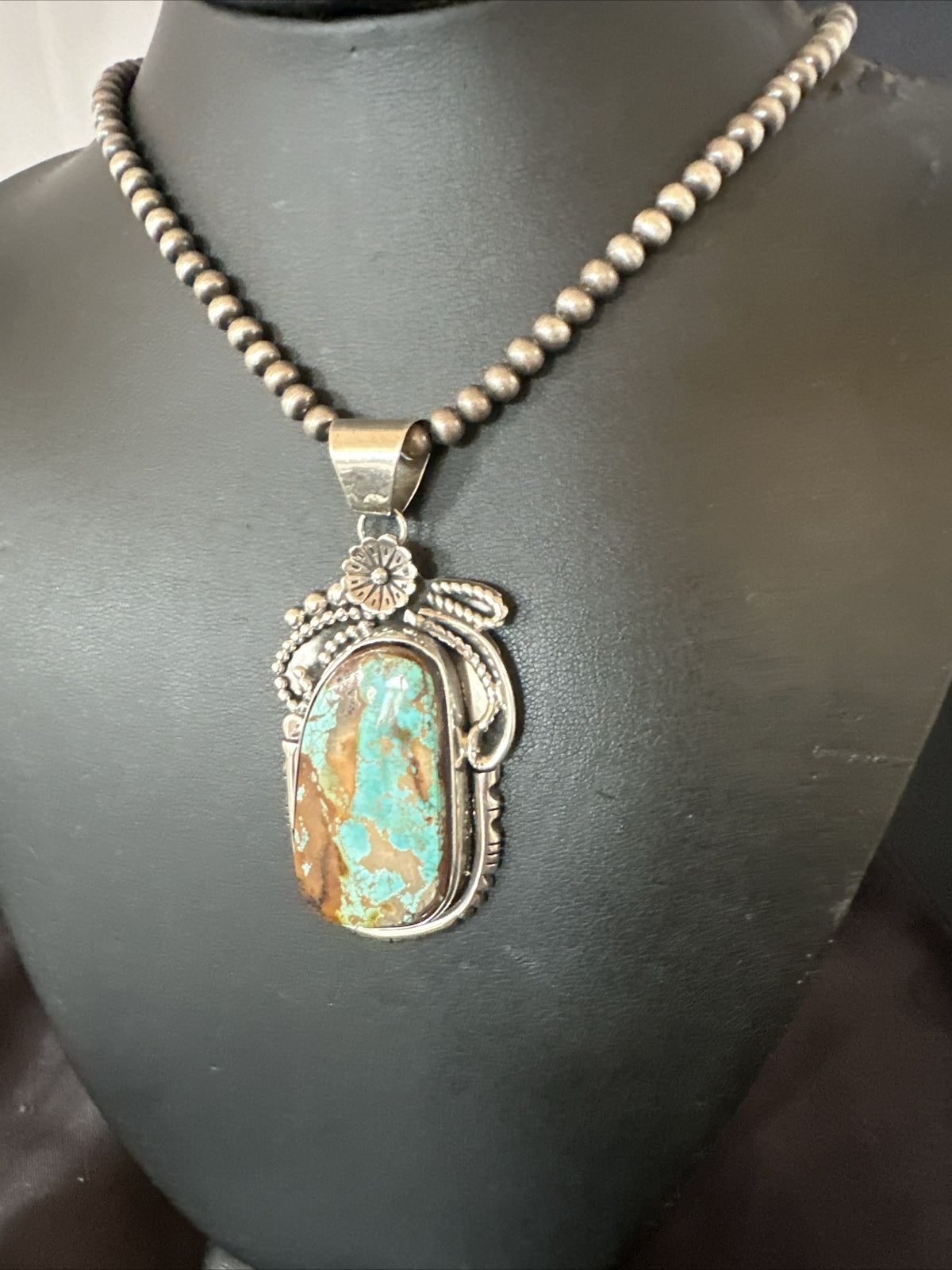 Mens Women Navajo Sterling Silver Green Royston Turquoise Necklace Pendant 18158