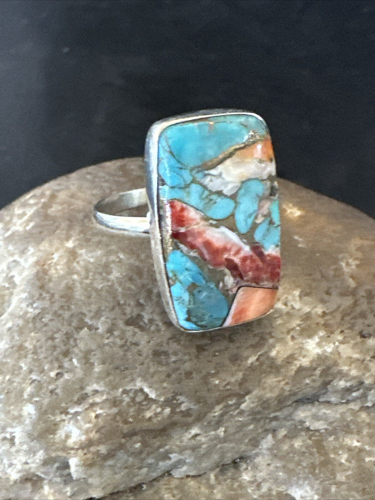 Blue Turquoise Spiny Oyster Southwestern Sterling Silver Ring Size 8 18434