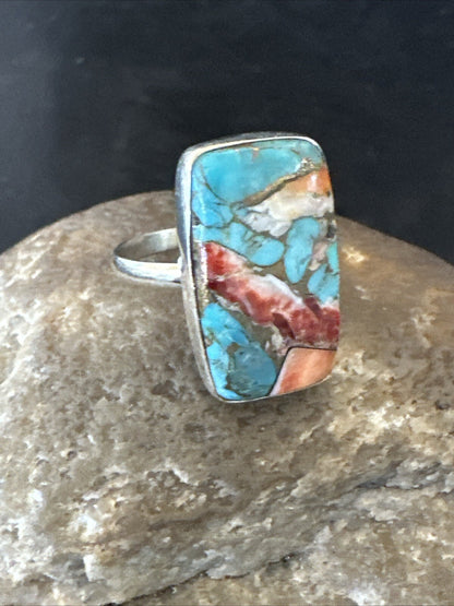 Blue Turquoise Spiny Oyster Southwestern Sterling Silver Ring Size 8 18434