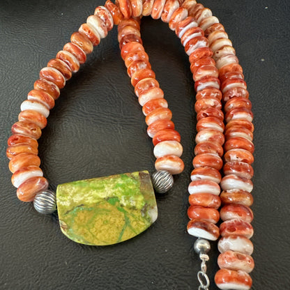 Orange Spiny  Green Turquoise Navajo Sterling Silver Pendant Necklace 20” 19636