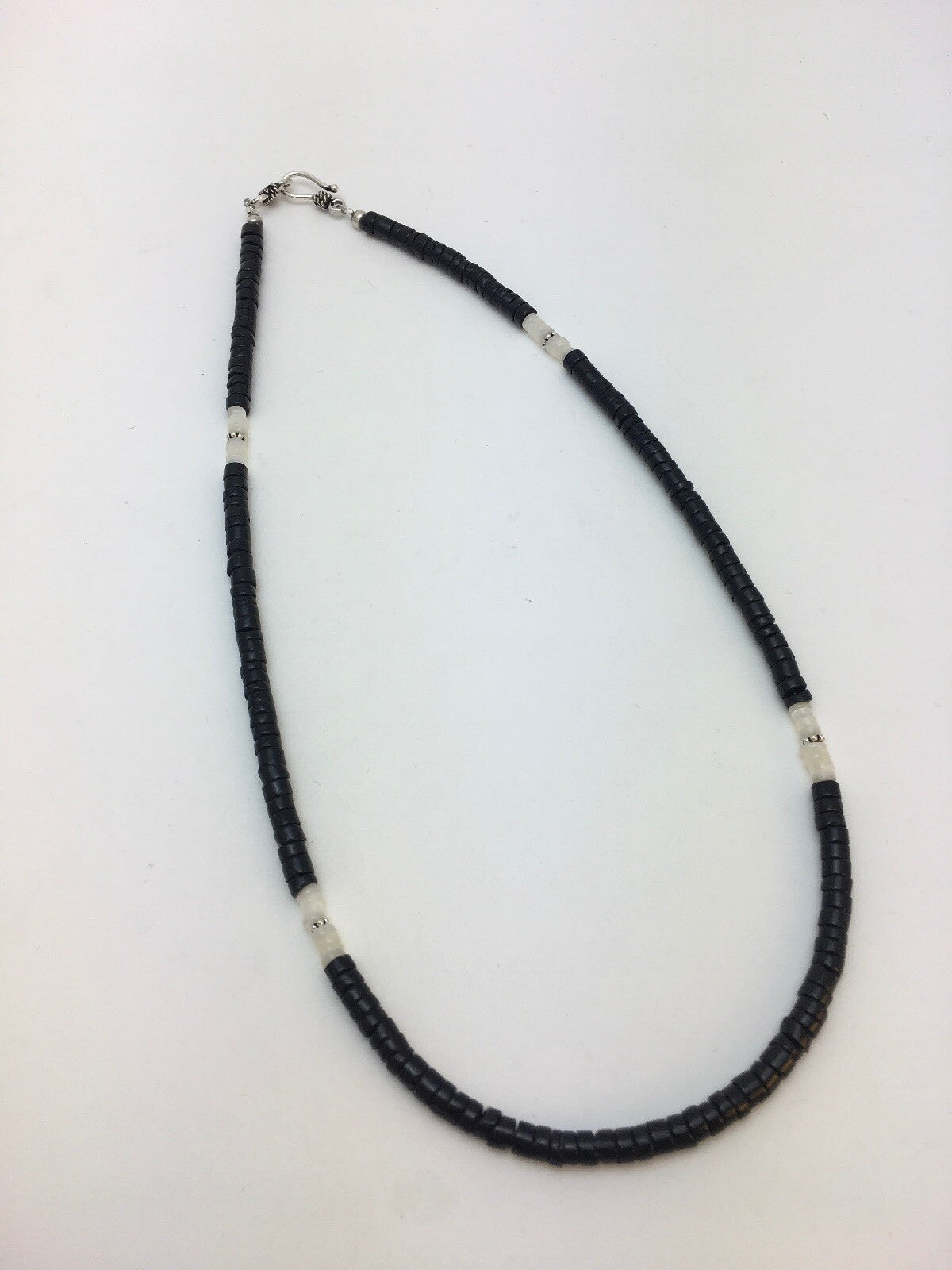 Southwestern White MOP Heishi Black Onyx Sterling Silver Mens Necklace 8901