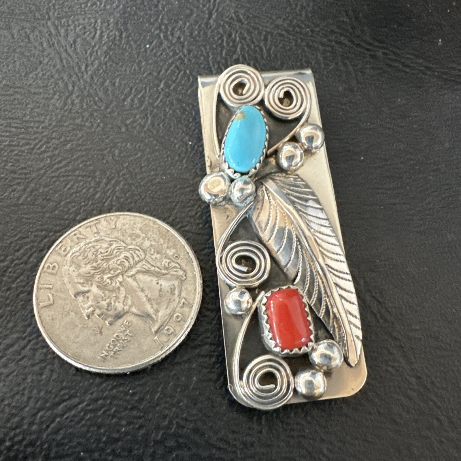 Mens Women Blue Turquoise Coral Navajo Stainless Stamped Silver Money Clip 19735