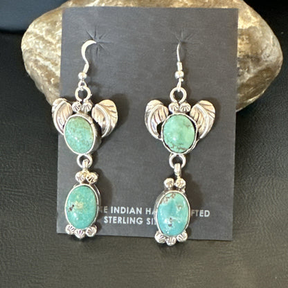 Navajo Green Turquoise Sterling Silver Dangle Earrings 2” 18044