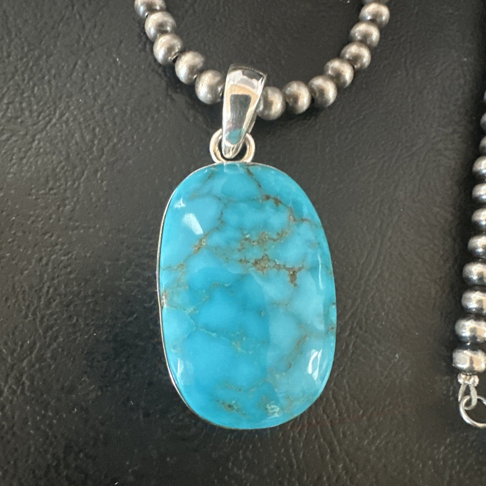Blue Kingman Turquoise Pendant Navajo Pearls Sterling Silver Necklace 20” 16691