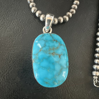 Blue Kingman Turquoise Pendant Navajo Pearls Sterling Silver Necklace 20” 16691