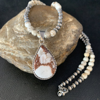 Navajo Pearls Sterling Silver Wild Crazy Horse Turquoise Necklace Pendant 13905