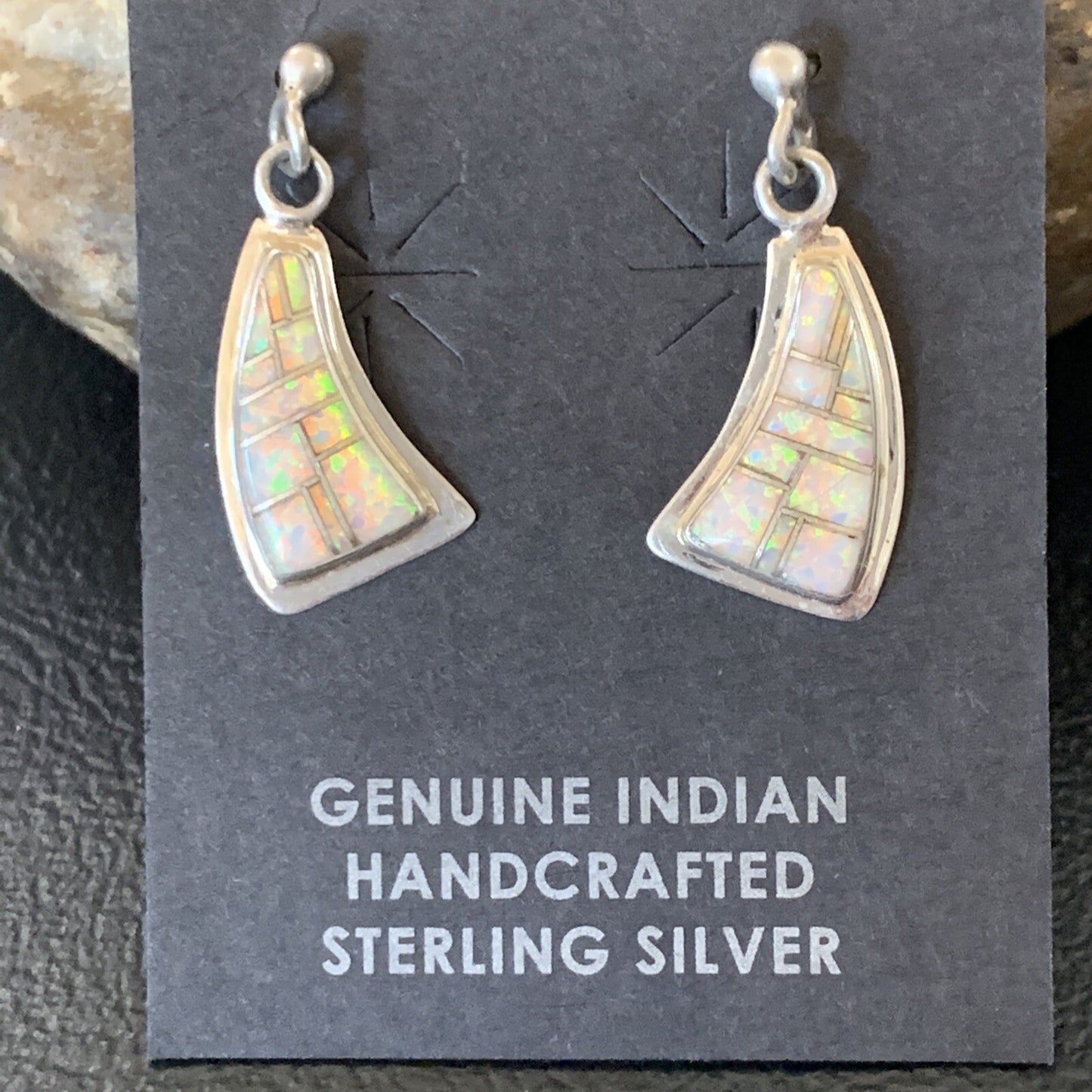 Womens White Opal Inlay Navajo Sterling Silver Dangle Post Earrings 12771