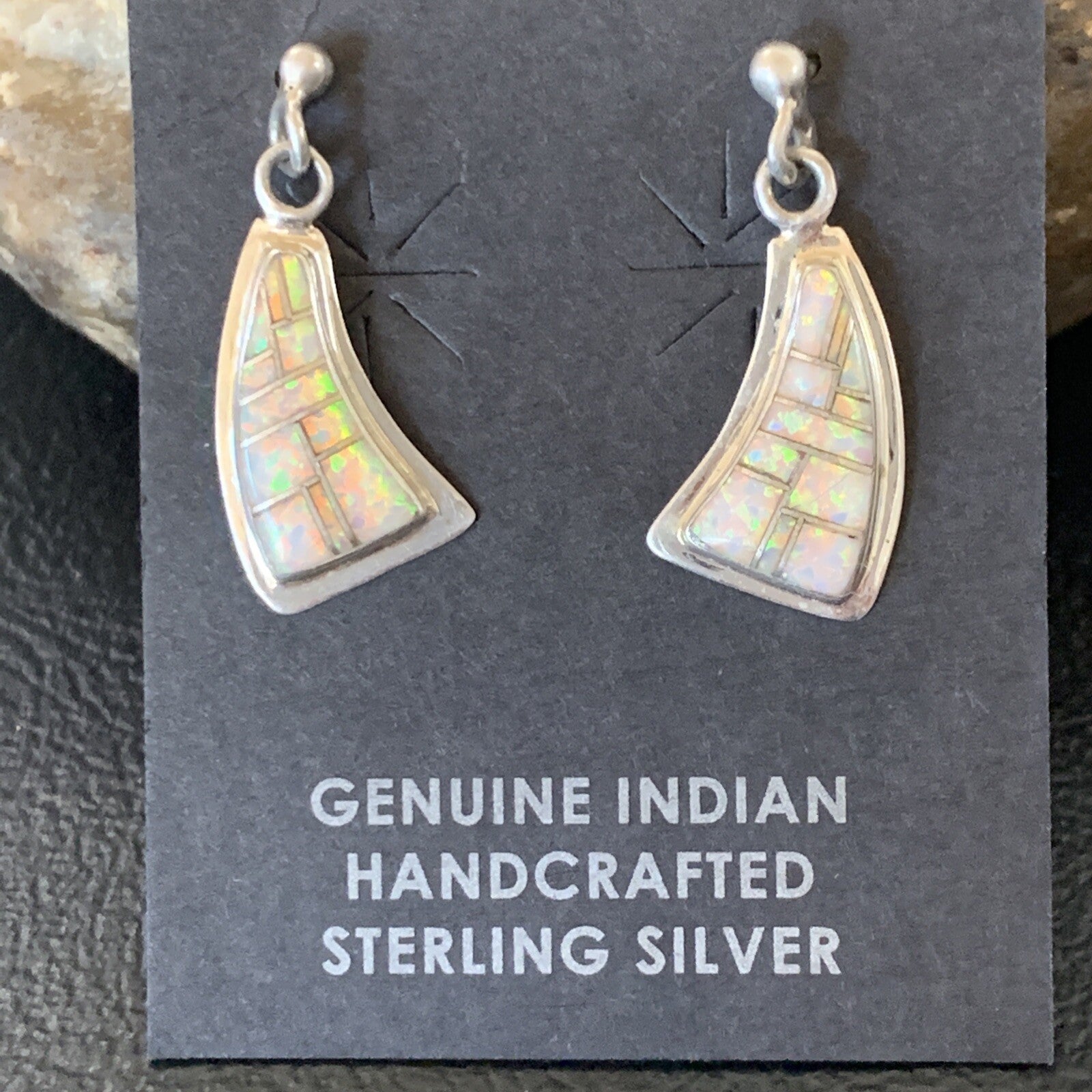 Womens White Opal Inlay Navajo Sterling Silver Dangle Post Earrings 12771