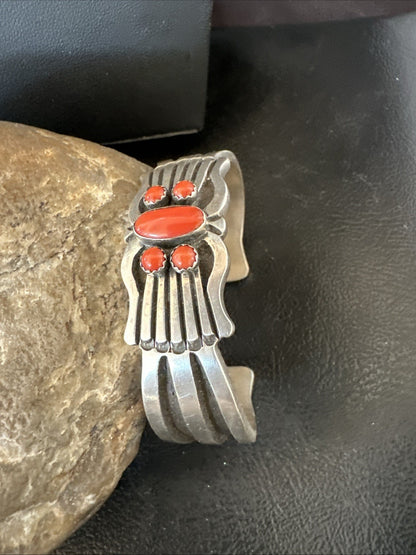 Mens Womens Red Coral Navajo Sterling Silver Cluster Cuff Bracelet 7" 19697