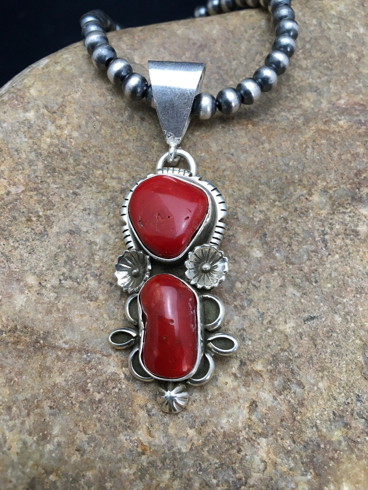 Red Coral Cluster Pendant Navajo Sterling Silver Necklace Native American 18930