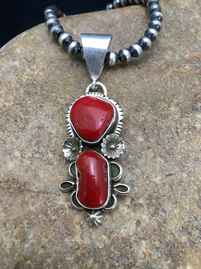 Red Coral Cluster Pendant Navajo Sterling Silver Necklace Native American 18930