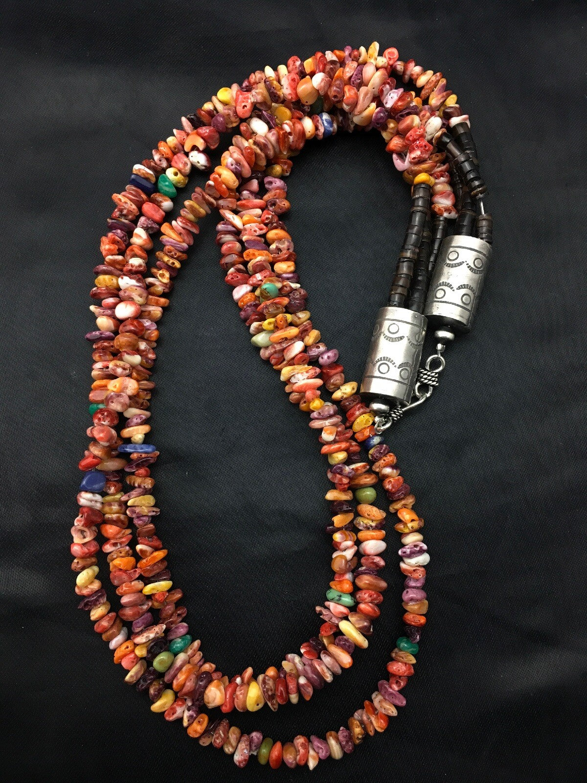 Spiny Oyster & Turquoise 3 Strand Navajo Indian Sterling Silver Necklace 4333