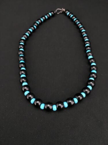 Navajo Black Onyx & Turquoise Bead Necklace Sterling Silver 18" 4882