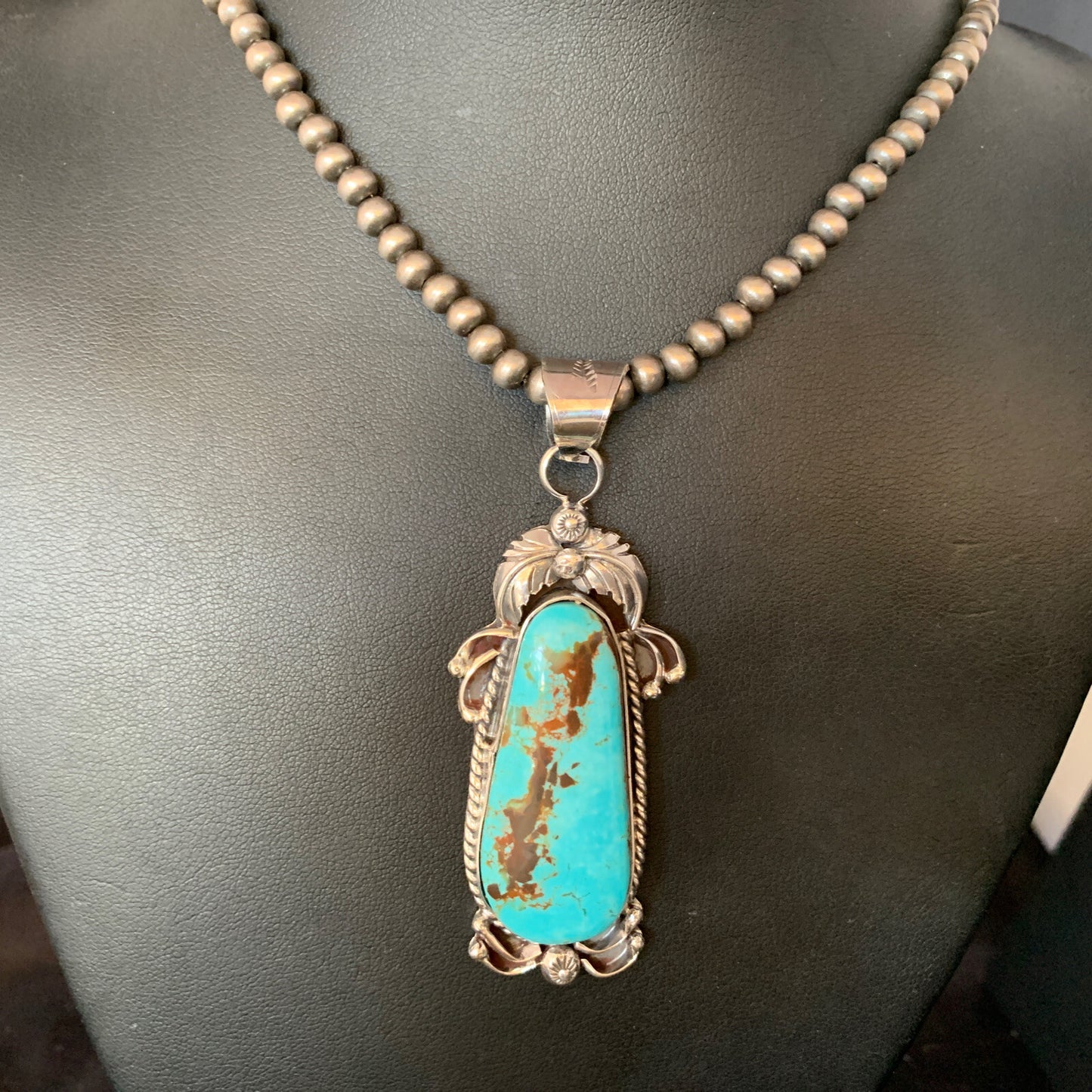 Men Blue Kingman Turquoise Pendant Navajo Pearls Sterling Silver Necklace 14204N