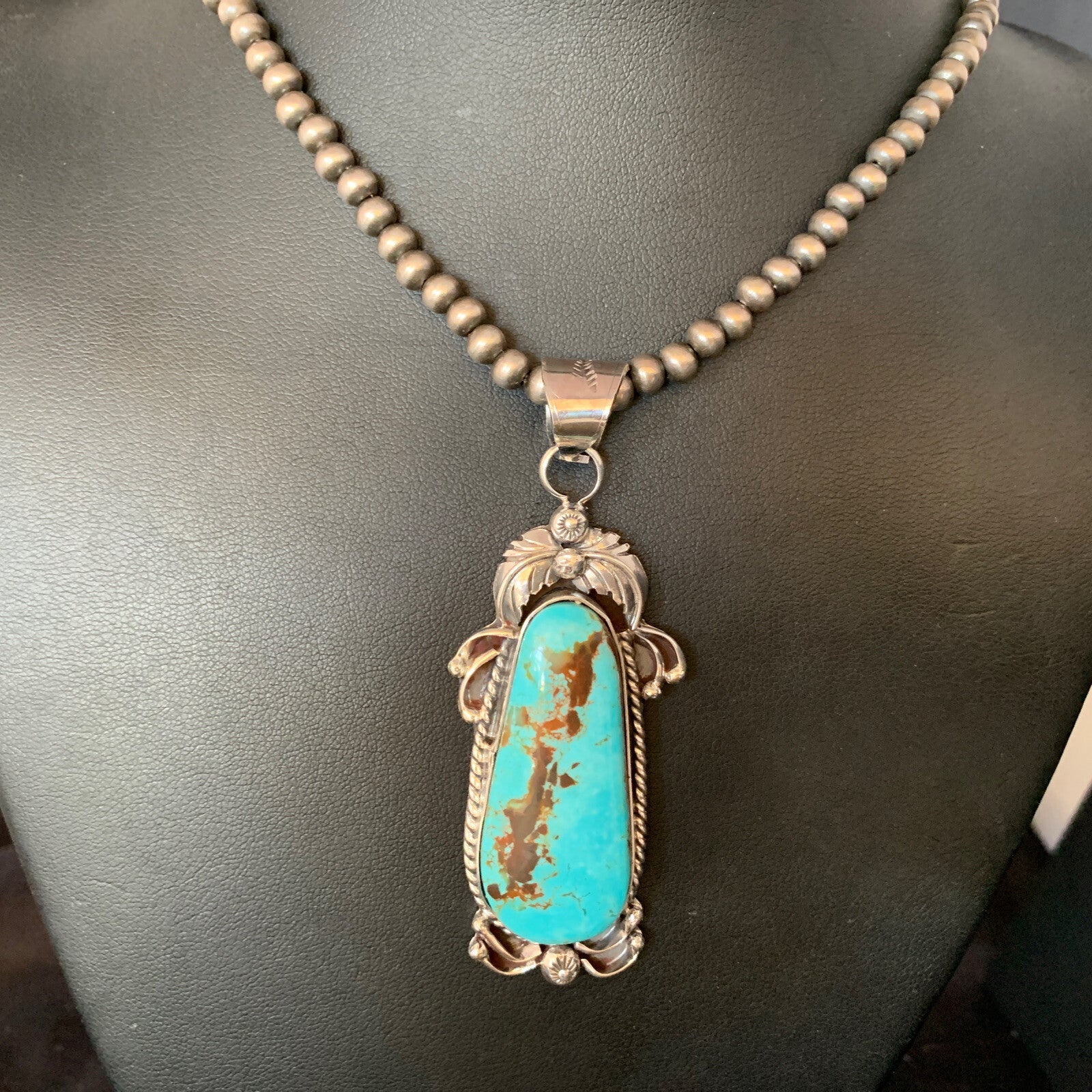 Men Blue Kingman Turquoise Pendant Navajo Pearls Sterling Silver Necklace 14204N
