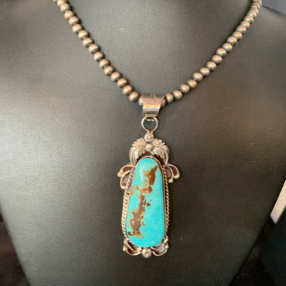 Men Blue Kingman Turquoise Pendant Navajo Pearls Sterling Silver Necklace 14204N