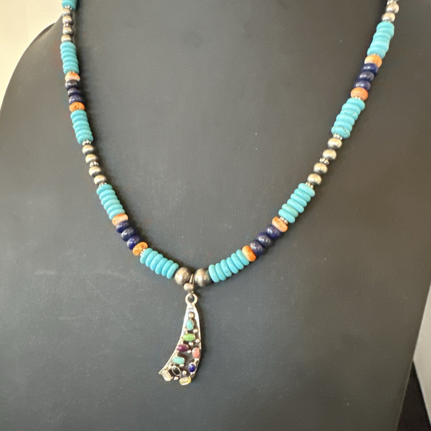 Multicolor Turquoise Spiny Navajo Sterling Silver Cluster Pendant Necklace 19650