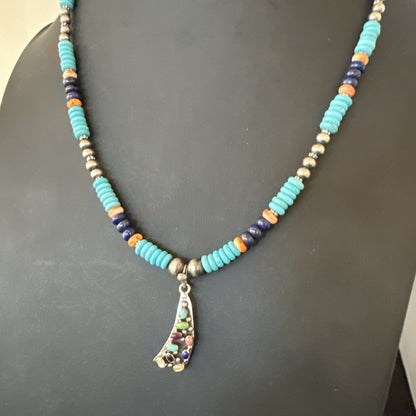 Multicolor Turquoise Spiny Navajo Sterling Silver Cluster Pendant Necklace 19650