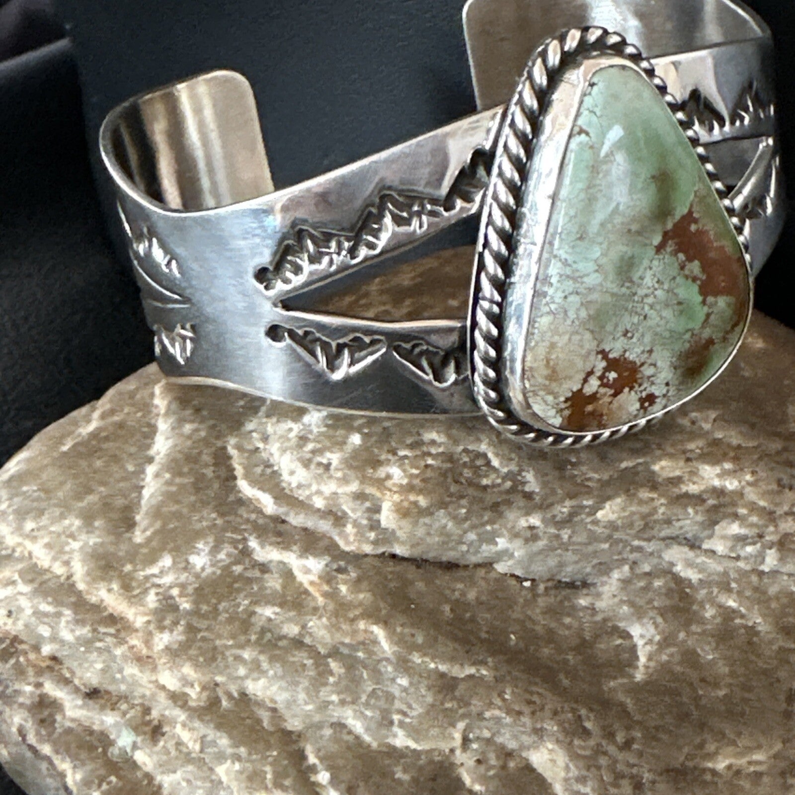 Navajo Green Royston TURQUOISE Stamped Sterling Silver Cuff Bracelet 18874
