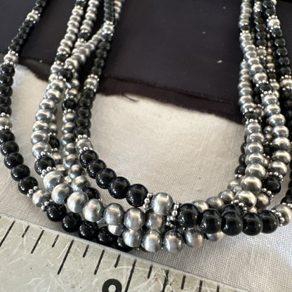 White Buffalo Black Onyx Sterling Silver Navajo Pearls Strand Necklace Set 19020